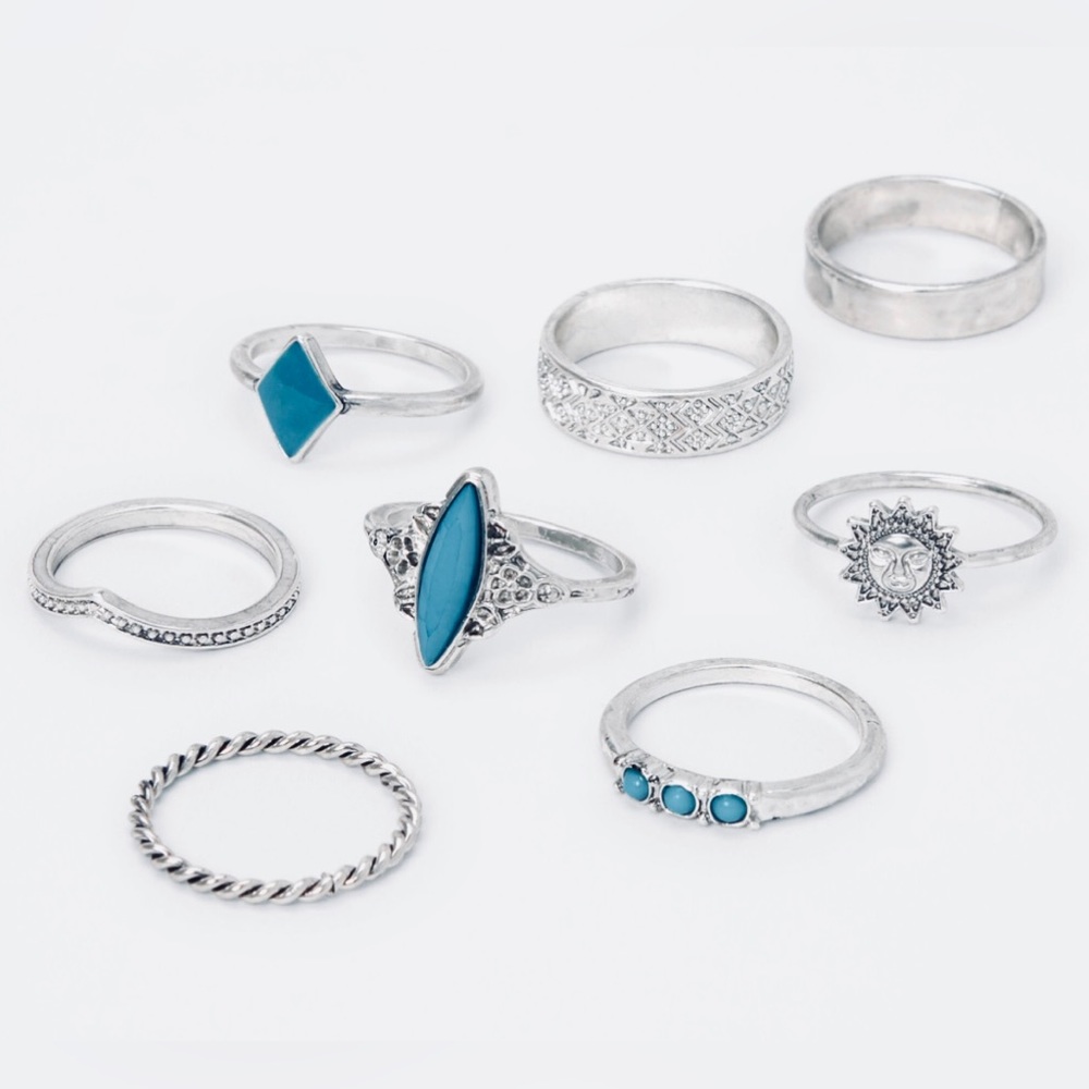 Stackable 8 Ring Set silver and turquoise tones sizes 6-7